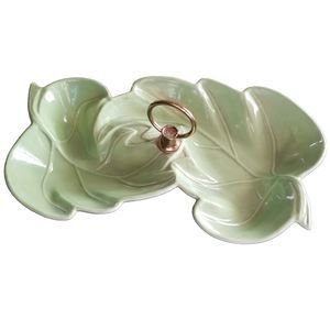 Vintage USA Pottery Green Leaf Shape Dish Nuts Candy Platter No 100 Metal Handle